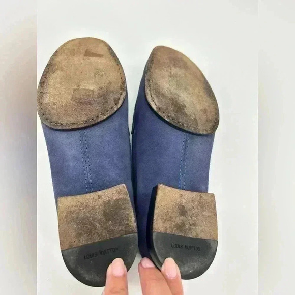 Louis Vuitton Blue Suede Shoes Leather Loafers Sz 37.5 US Womens Logo - Picture 11 of 15